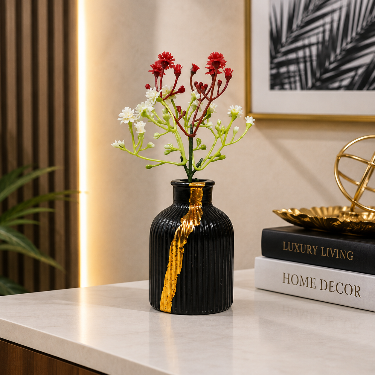 Gold Painted Ribbed Black Vase with artificial Flowers