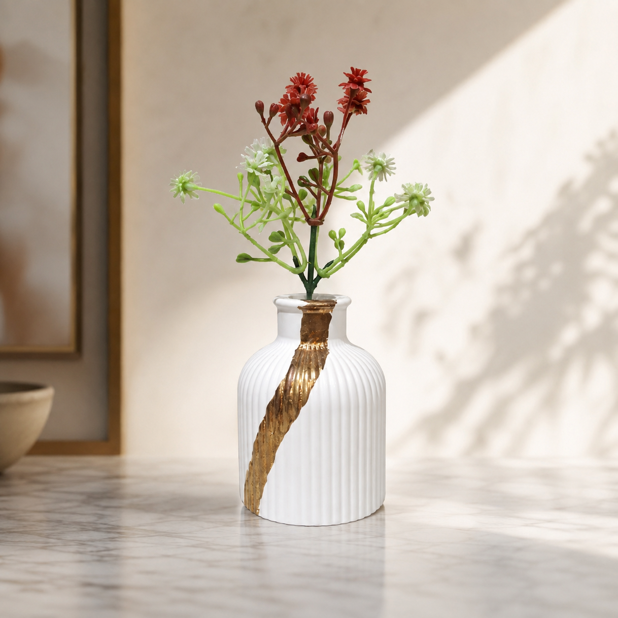 Gold Painted Ribbed White Vase with artificial Flowers