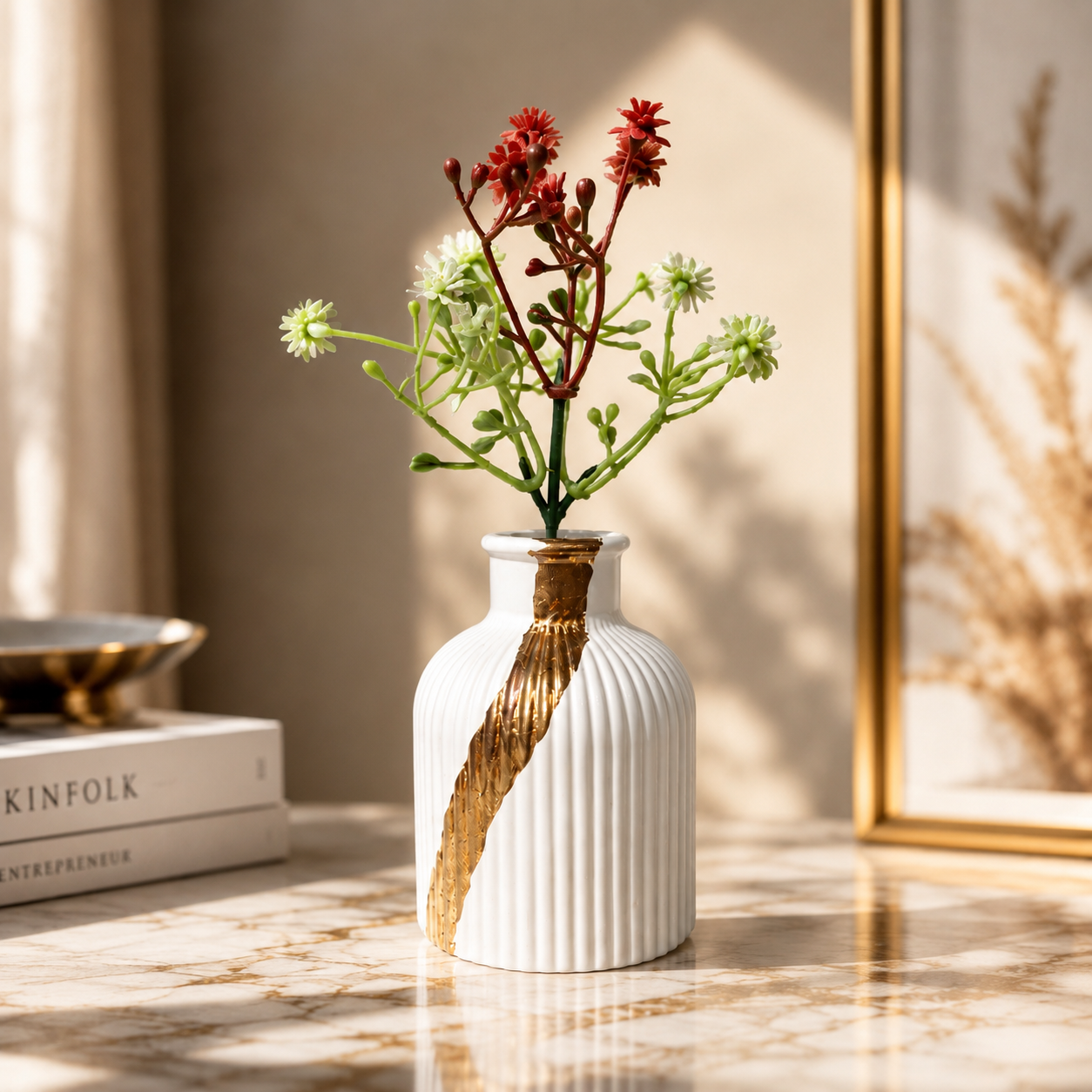 Gold Painted Ribbed White Vase with artificial Flowers