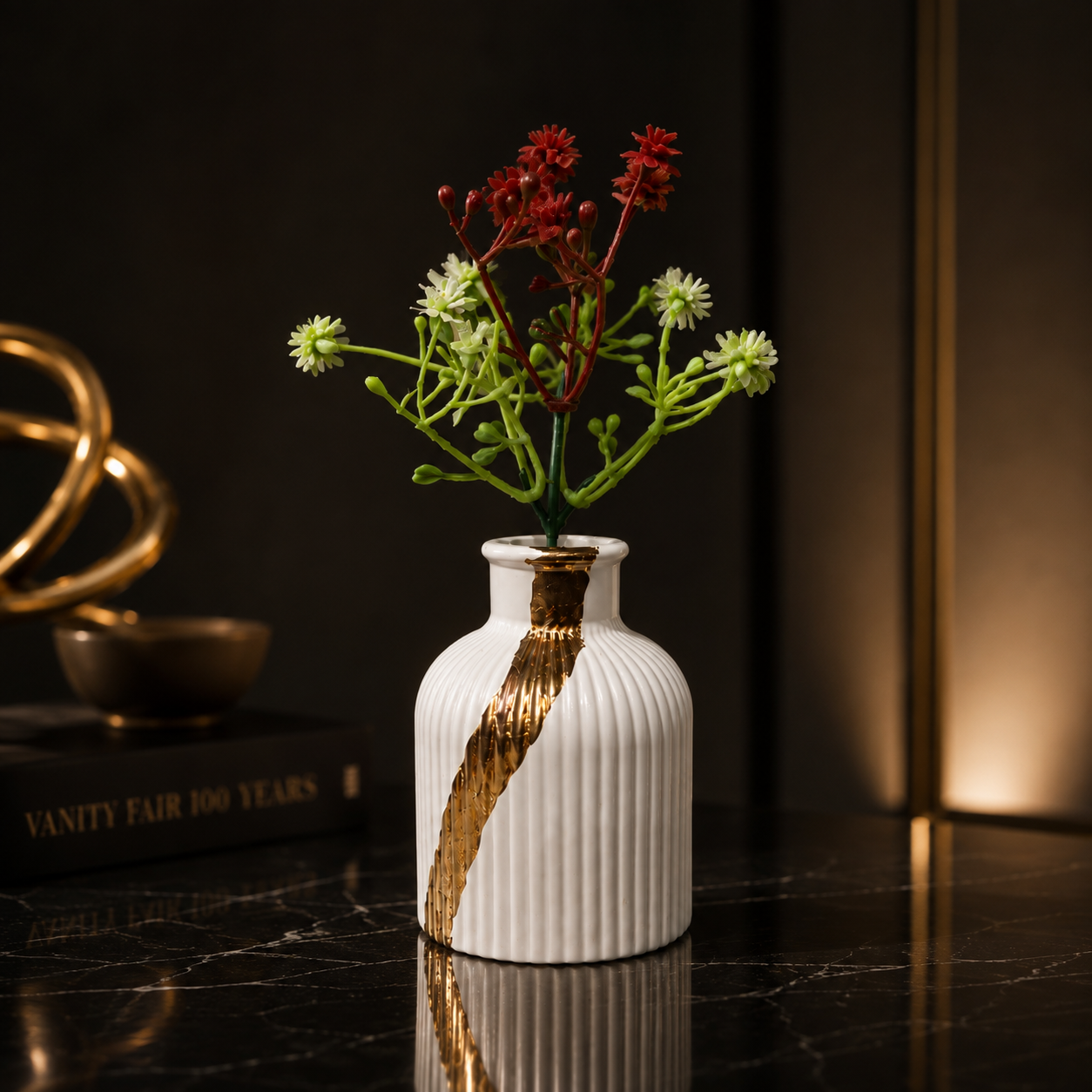 Gold Painted Ribbed White Vase with artificial Flowers