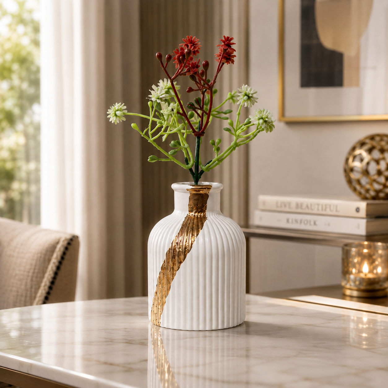 Gold Painted Ribbed White Vase with artificial Flowers