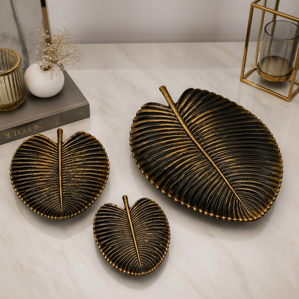 3-Pcs Set of Antique Golden-Black Resin Leaf shaped Décor Trays