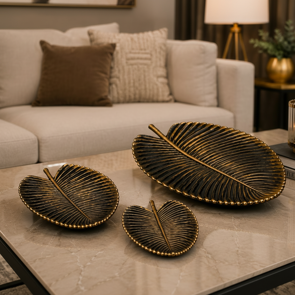 3-Pcs Set of Antique Golden-Black Resin Leaf shaped Décor Trays