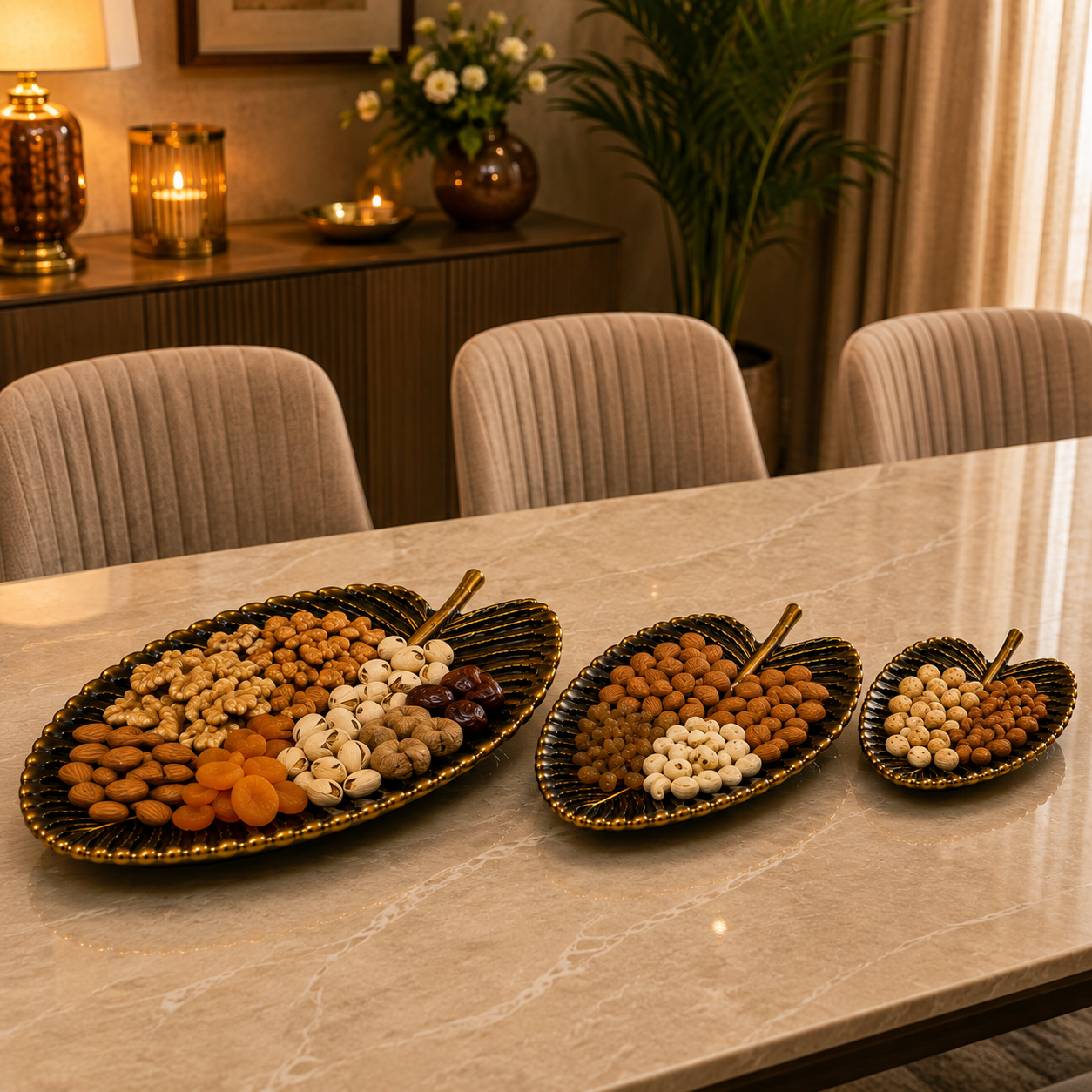 3-Pcs Set of Antique Golden-Black Resin Leaf shaped Décor Trays