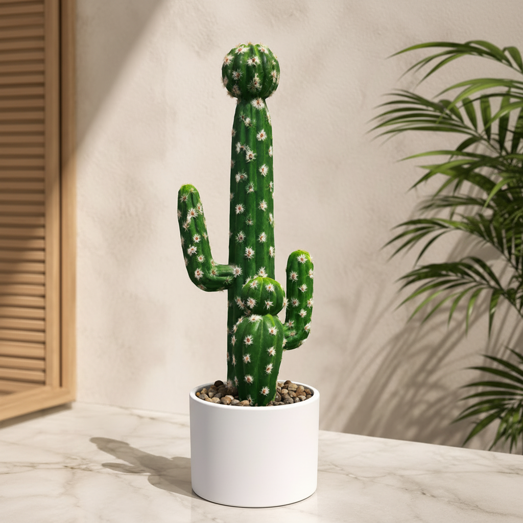 Green Cactus Tree in White Plastic Pot