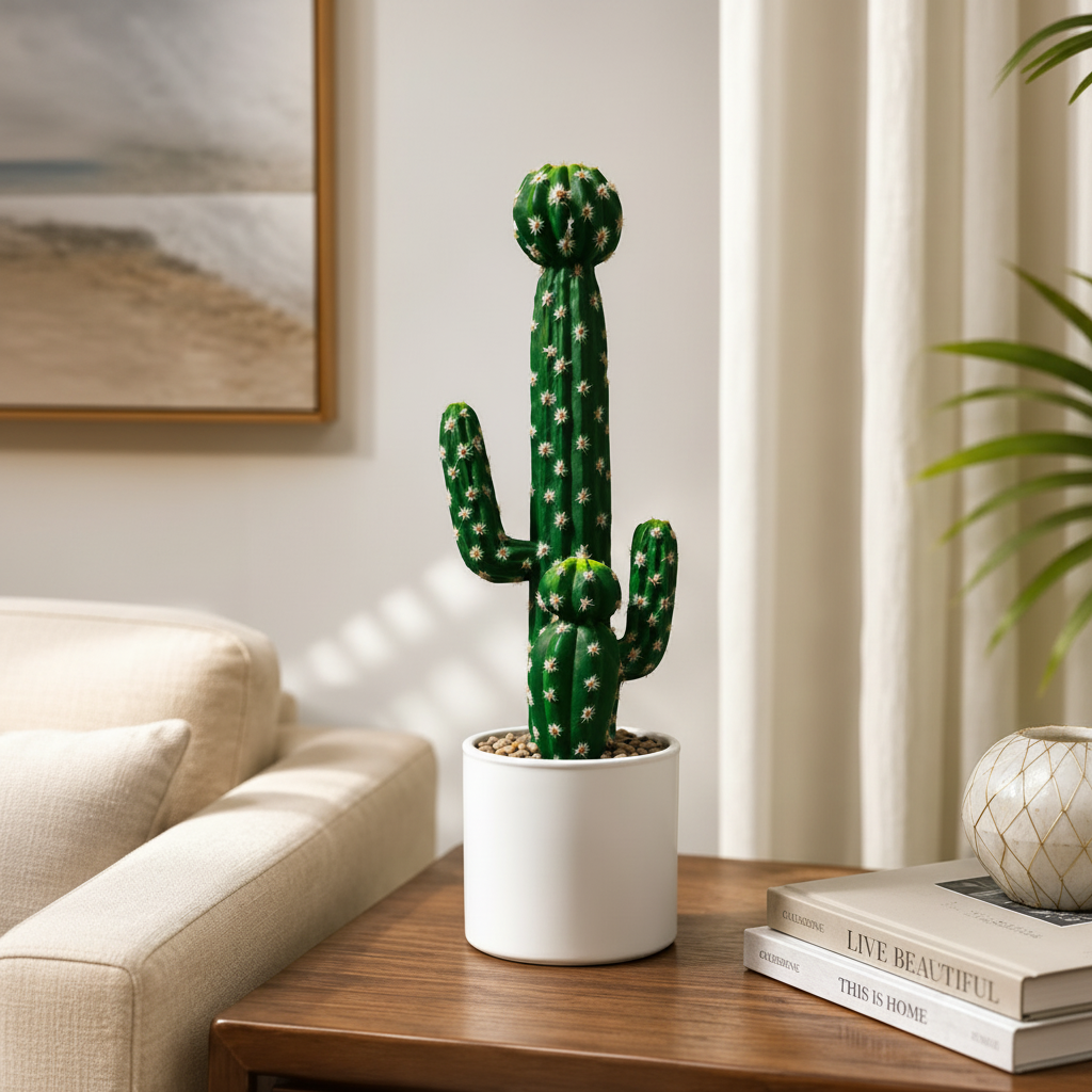 Green Cactus Tree in White Plastic Pot