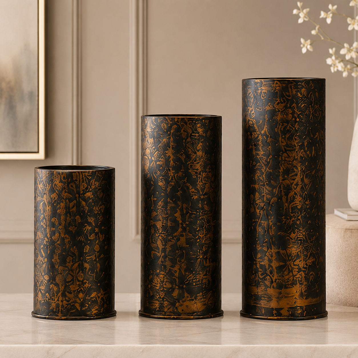 3-Pcs Set of Antique Golden-Black Embossed Metallic Planters (without Plants)