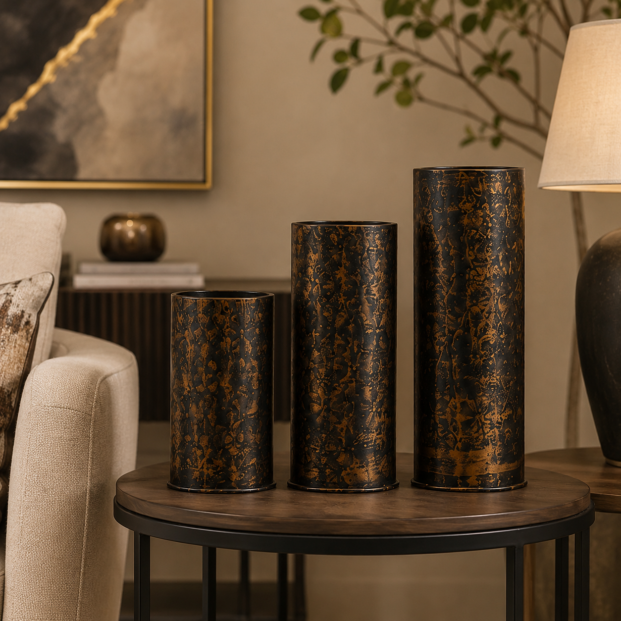 3-Pcs Set of Antique Golden-Black Embossed Metallic Planters (without Plants)