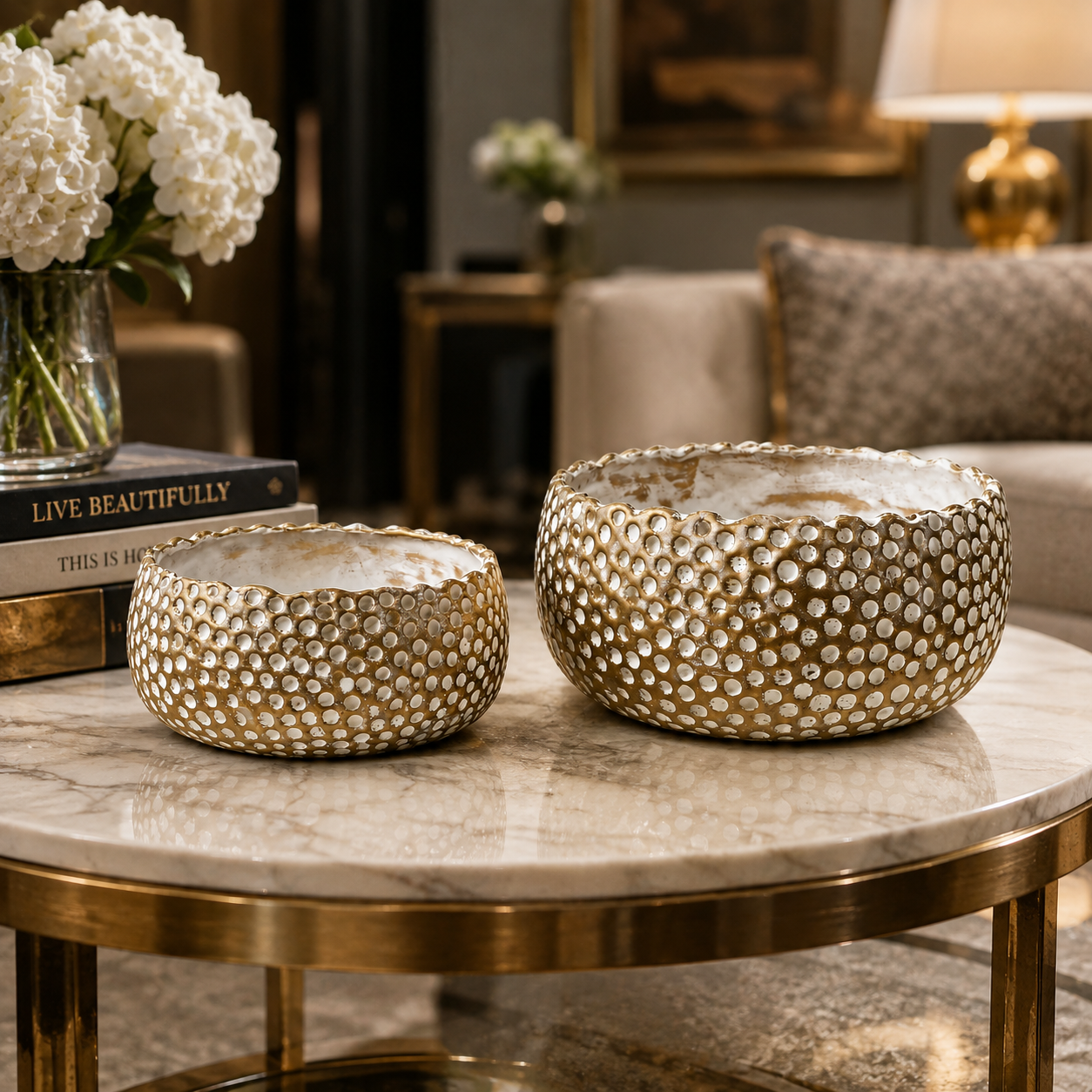 2-Pcs Set of Antique Golden-White Embossed Resin Bowls