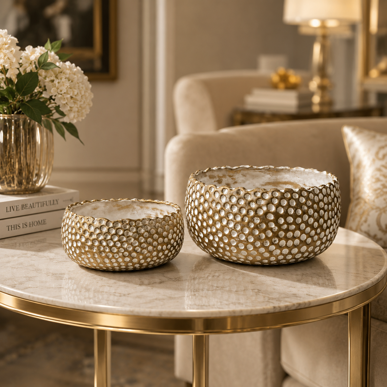 2-Pcs Set of Antique Golden-White Embossed Resin Bowls