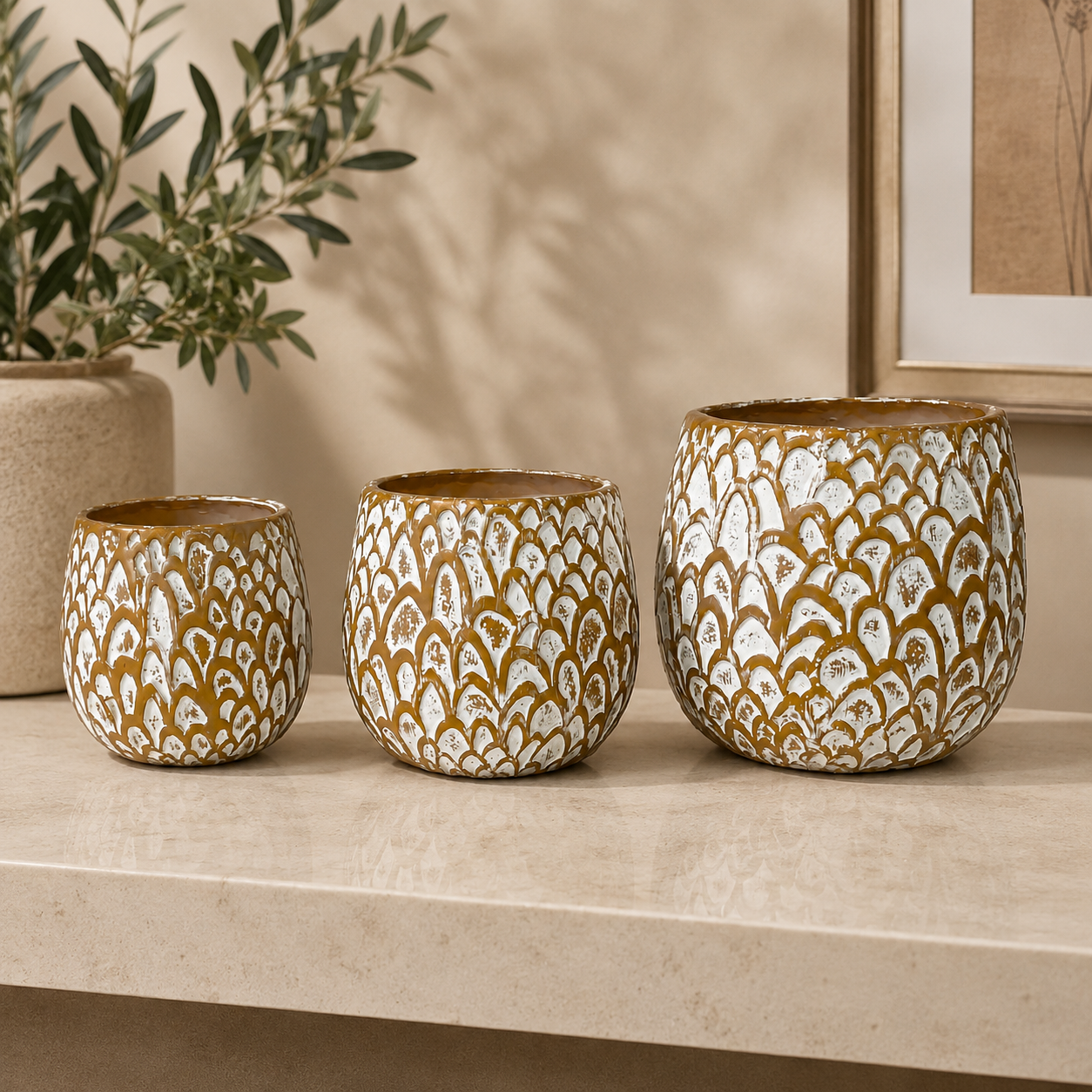 3-Pcs Set of Antique Golden-White Embossed Resin Planters