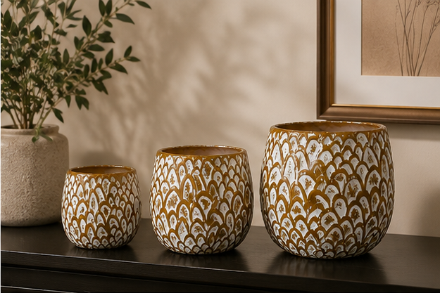 3-Pcs Set of Antique Golden-White Embossed Resin Planters