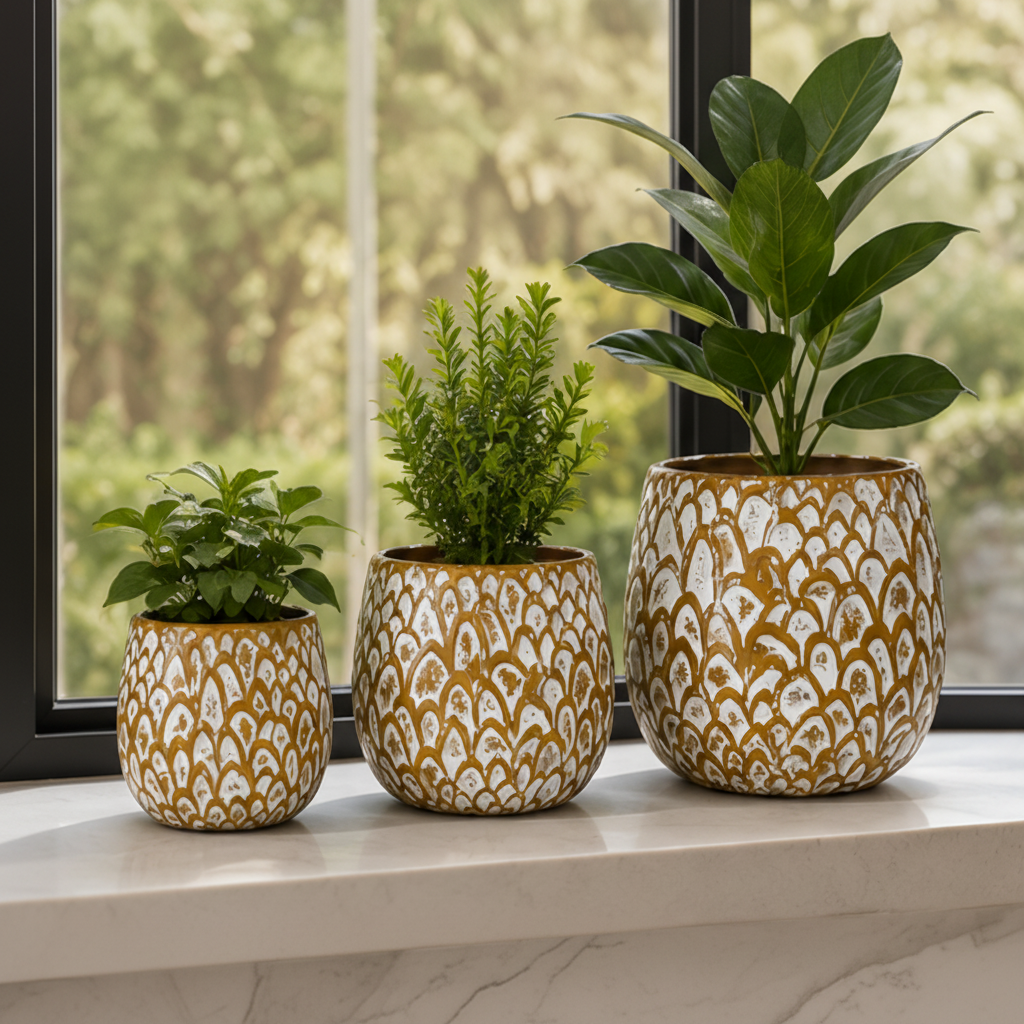 3-Pcs Set of Antique Golden-White Embossed Resin Planters