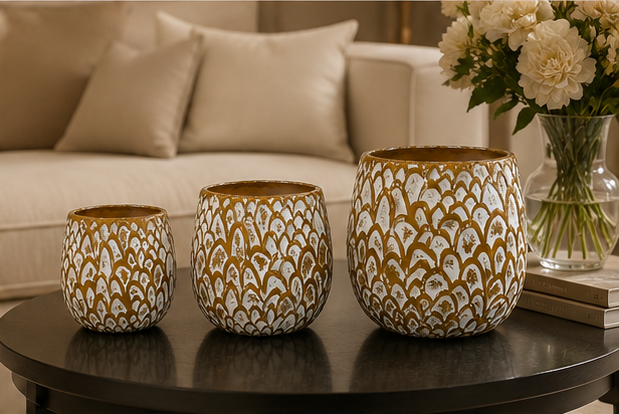 3-Pcs Set of Antique Golden-White Embossed Resin Planters