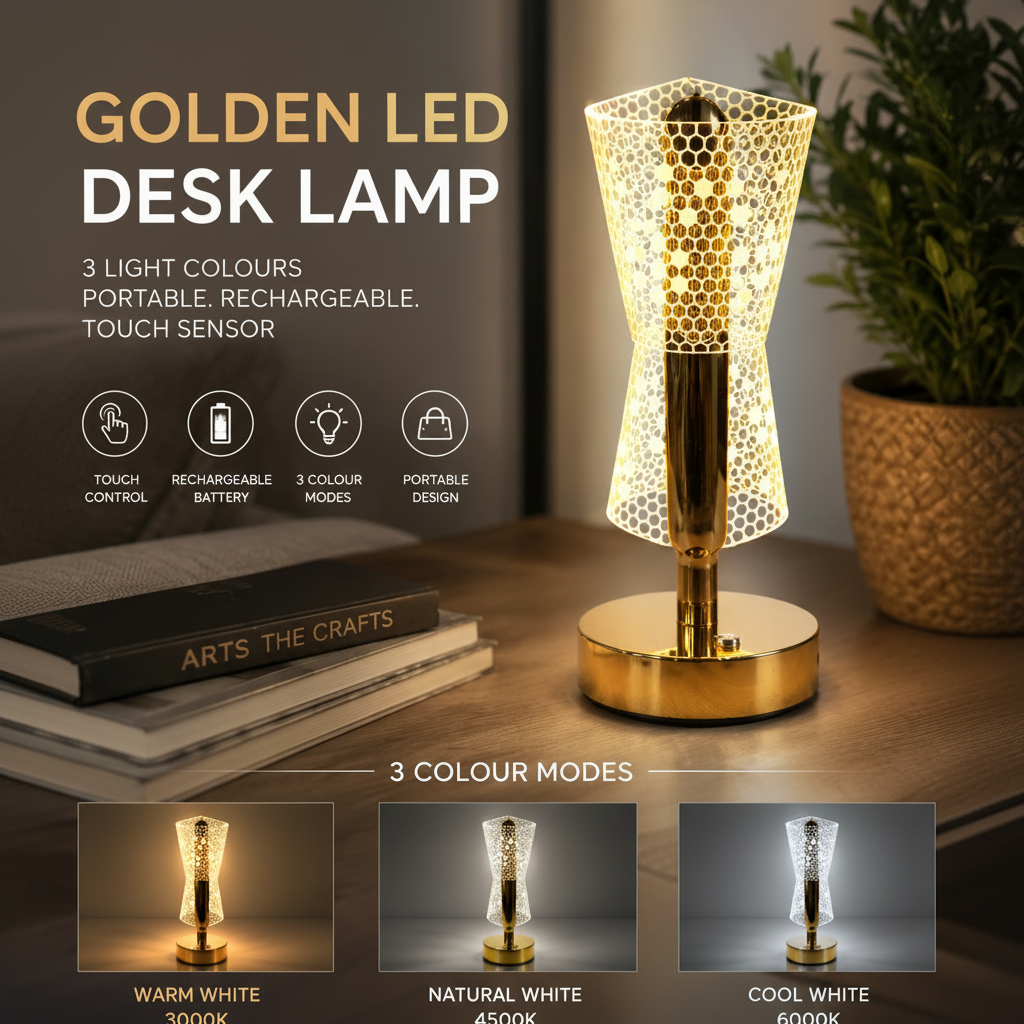Golden LED Desk Lamp – 3 Light Colours, Portable, Rechargeable, Touch Sensor