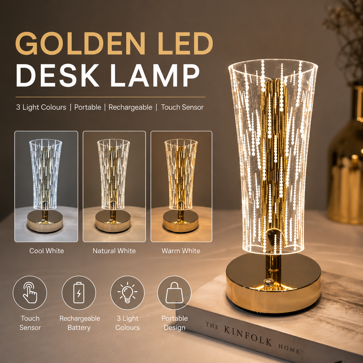 Golden LED Desk Lamp – 3 Light Colours, Portable, Rechargeable, Touch Sensor