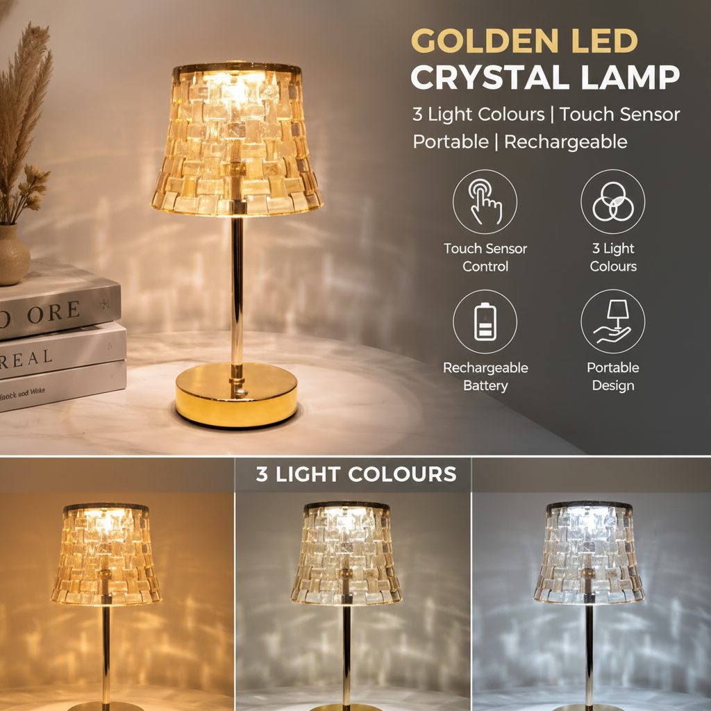 Golden LED Crystal Lamp – 3 Light Colours, Portable, Rechargeable, Touch Sensor