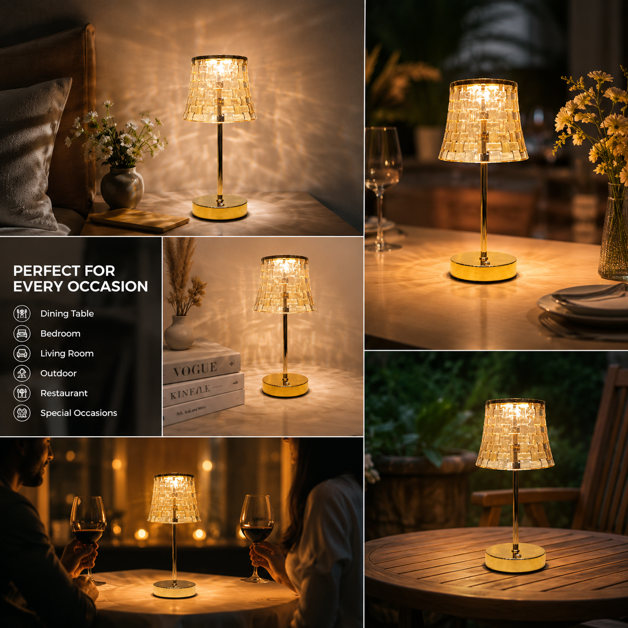 Golden LED Crystal Lamp – 3 Light Colours, Portable, Rechargeable, Touch Sensor
