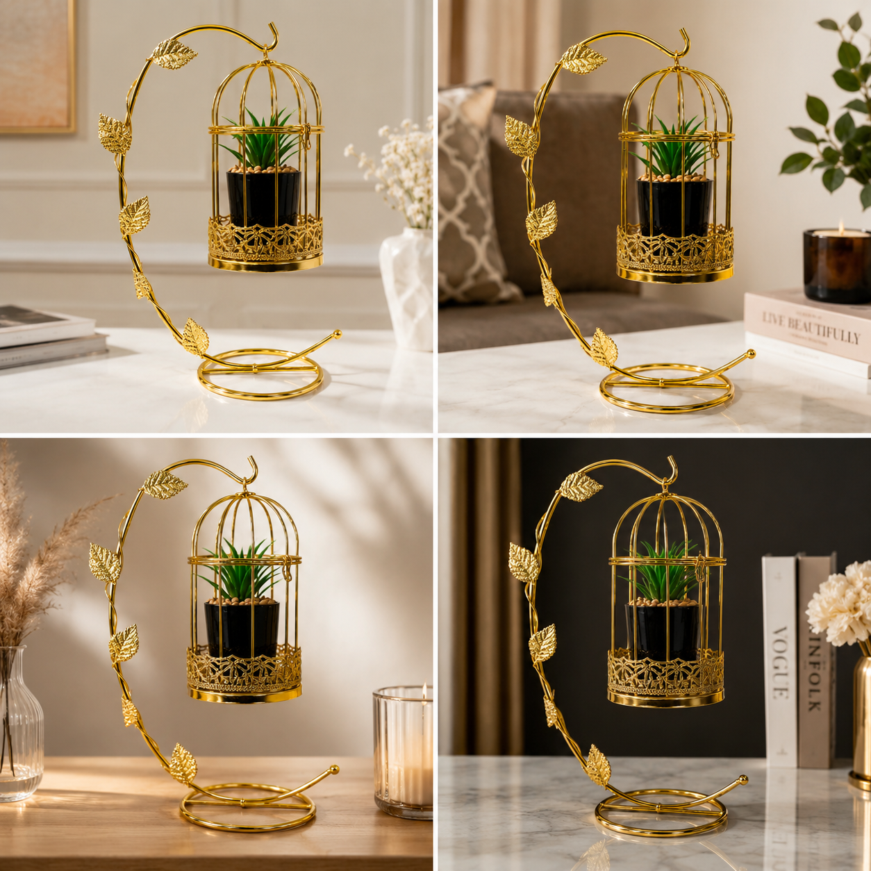 Golden Metallic Cage with Plant Pot inside, hanged on Golden Arc Shaped Stand