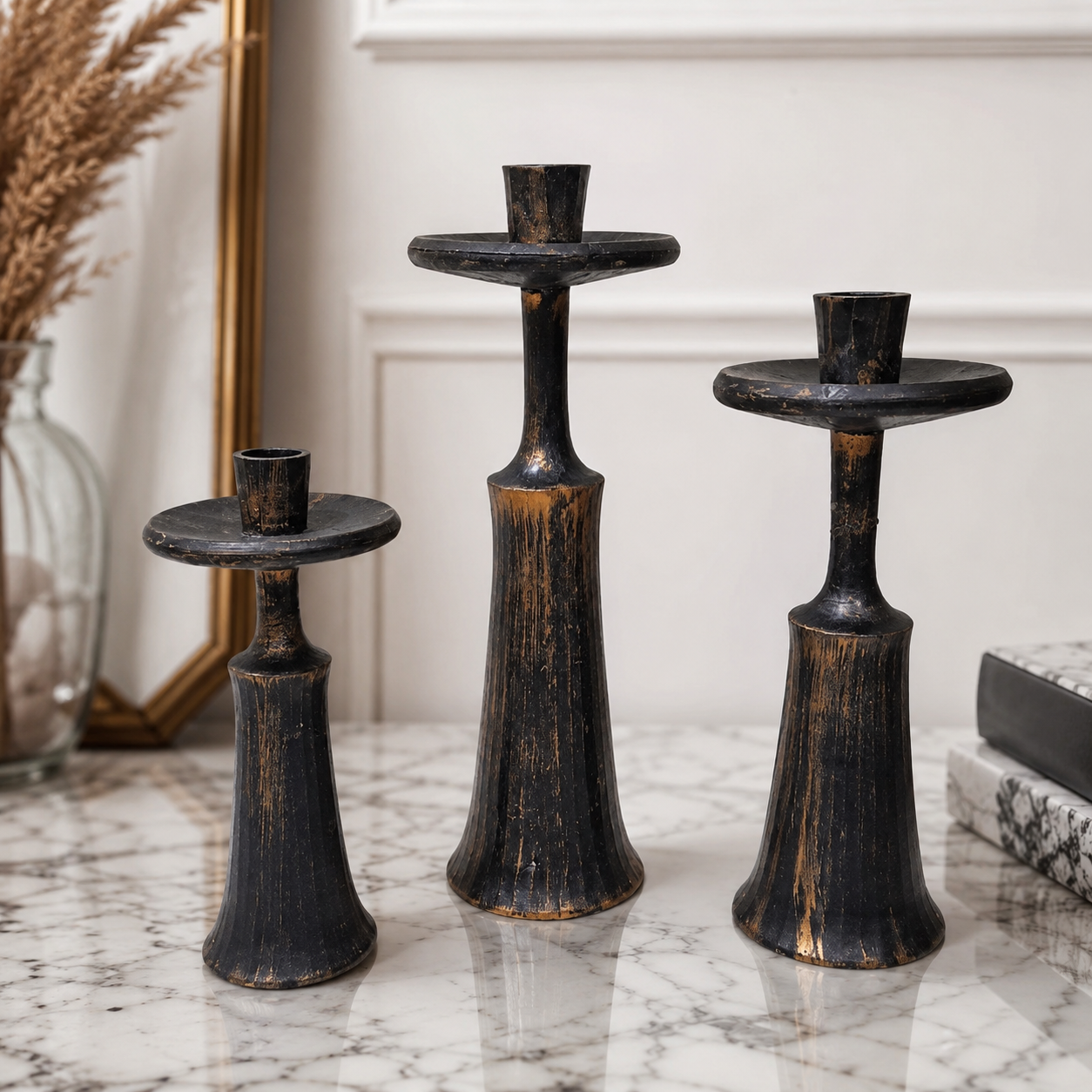 3-Pcs Antique Golden-Black Resin Candle Stands (without Candles)