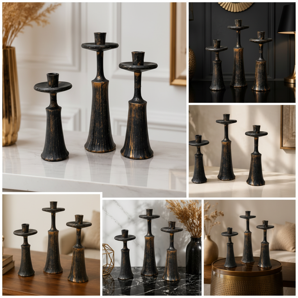 3-Pcs Antique Golden-Black Resin Candle Stands (without Candles)