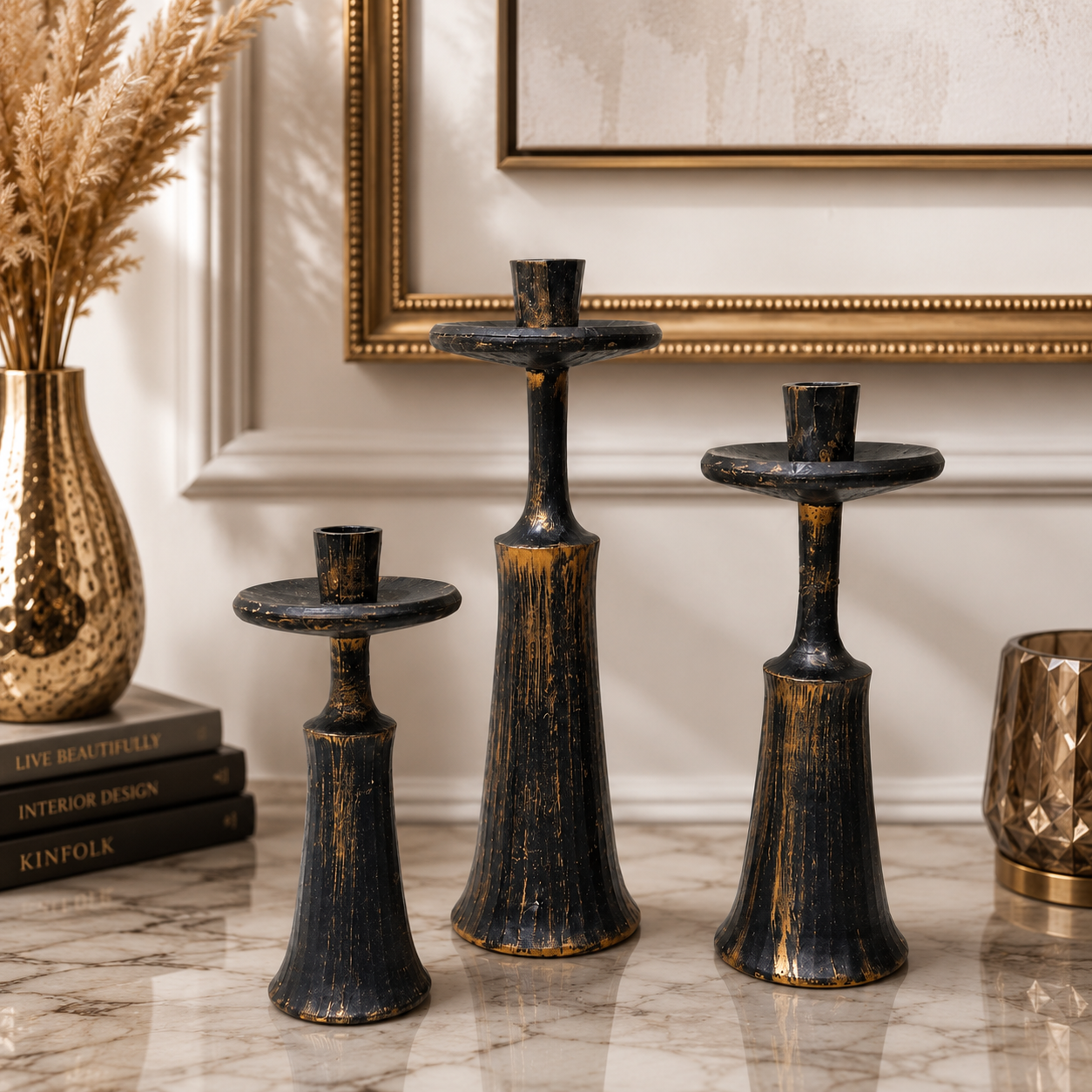 3-Pcs Antique Golden-Black Resin Candle Stands (without Candles)