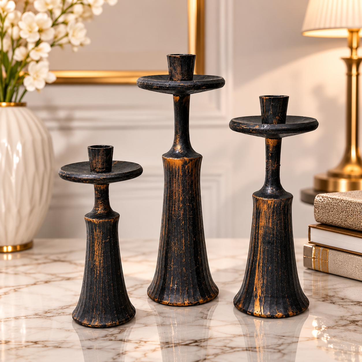3-Pcs Antique Golden-Black Resin Candle Stands (without Candles)