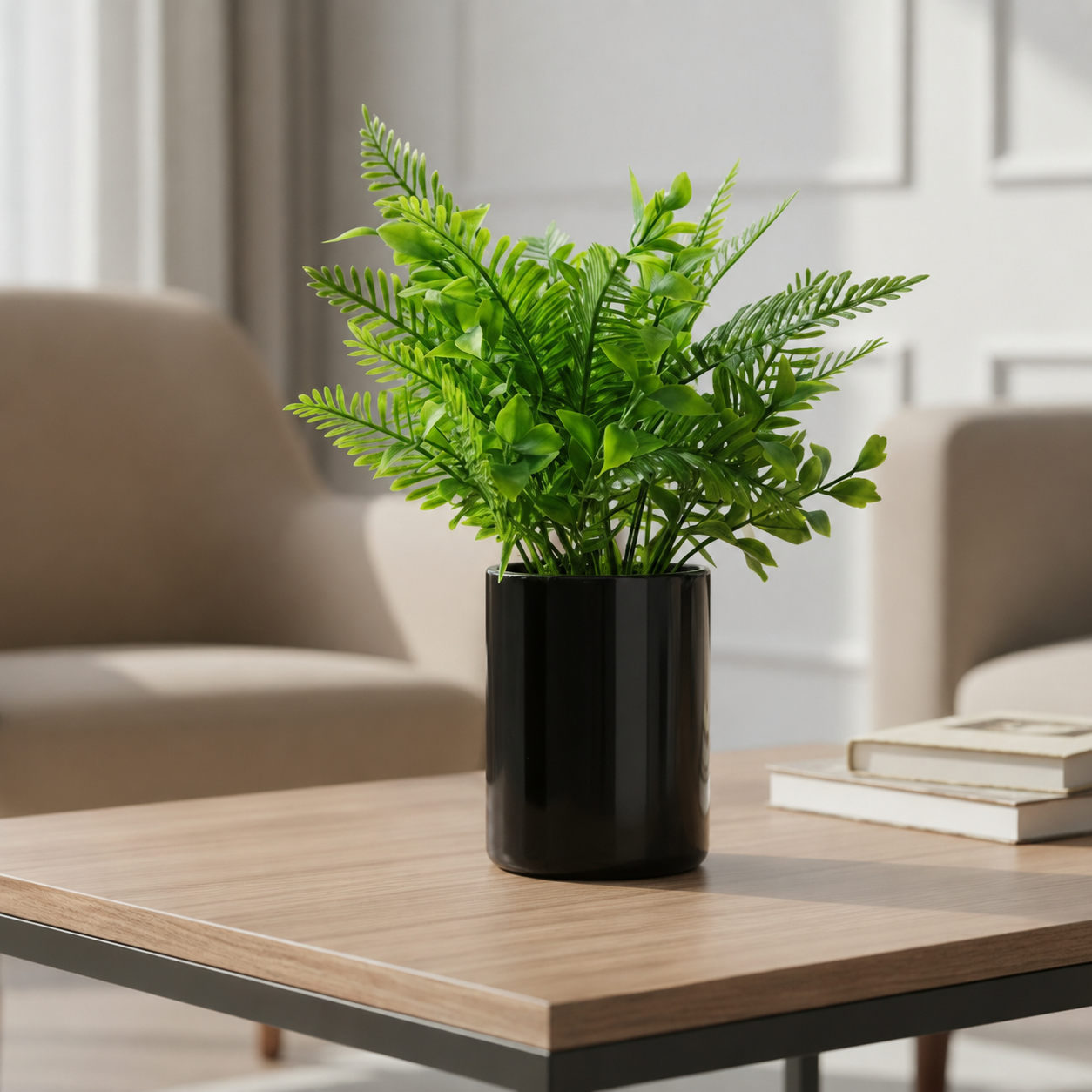 Black Ceramic Pot with Classic Green Plant on Golden Metallic Stand