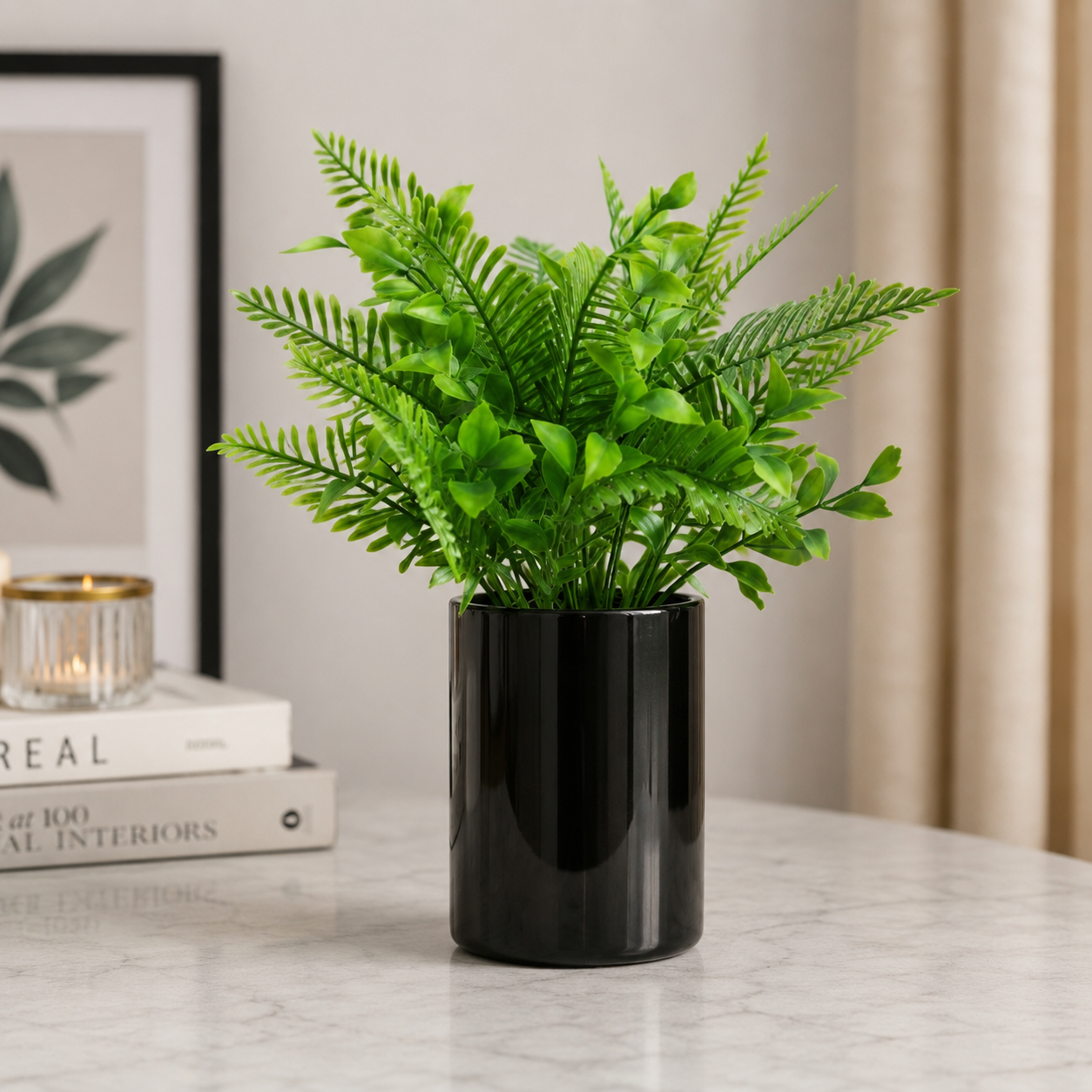 Black Ceramic Pot with Classic Green Plant on Golden Metallic Stand