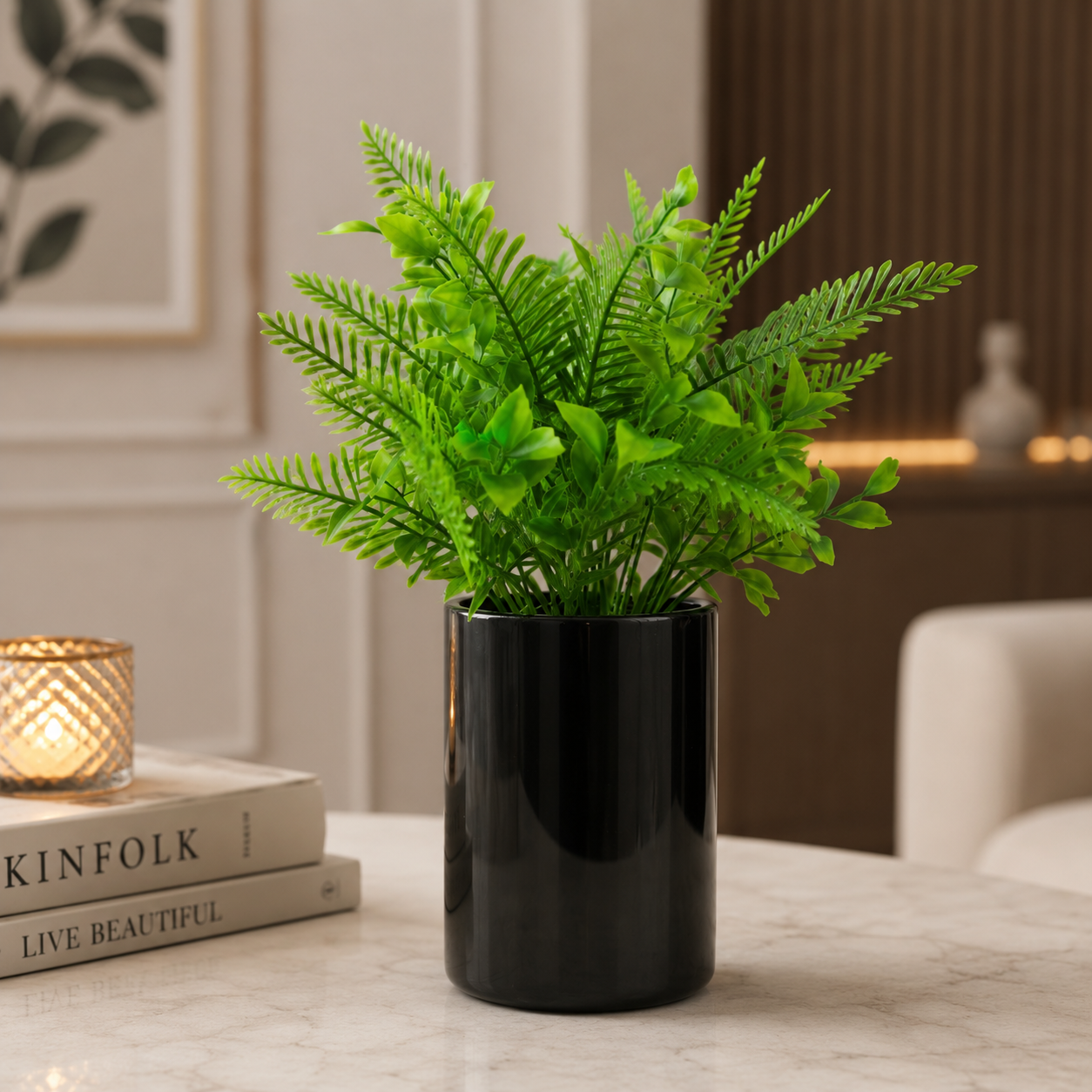 Black Ceramic Pot with Classic Green Plant on Golden Metallic Stand