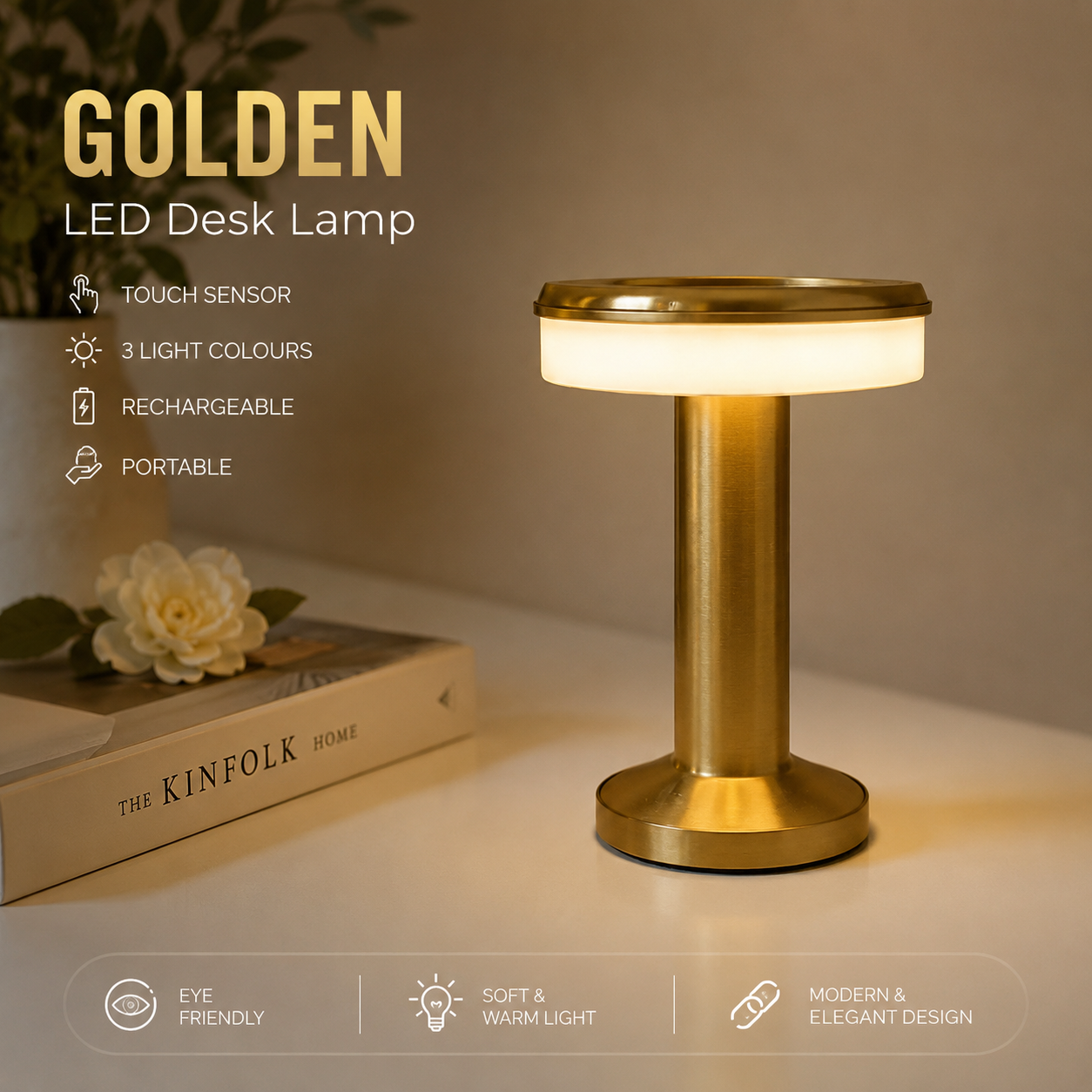 Golden LED Desk Lamp – 3 Light Colours, Portable, Rechargeable, Touch Sensor