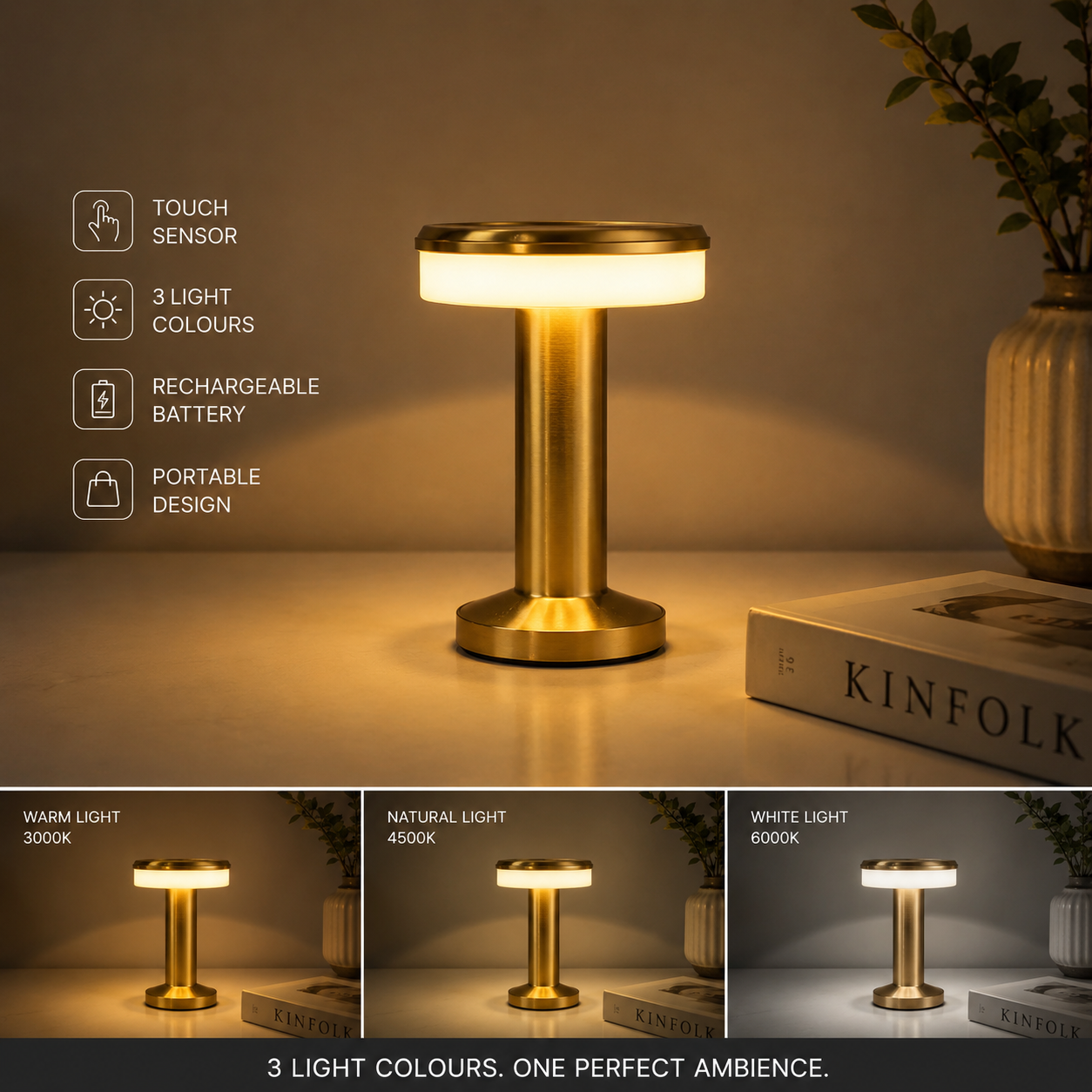 Golden LED Desk Lamp – 3 Light Colours, Portable, Rechargeable, Touch Sensor