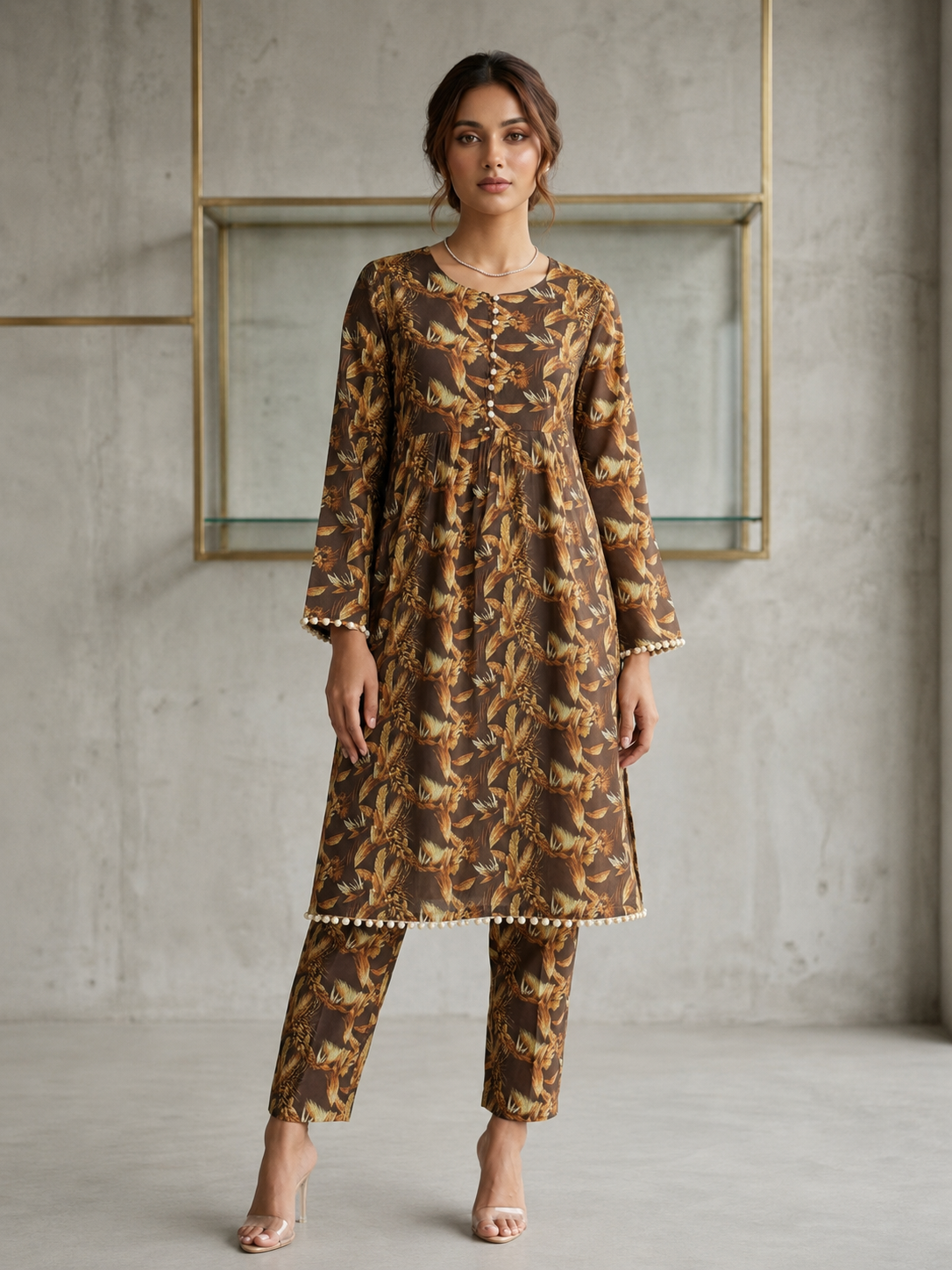 2-Pcs Printed Lawn Suit (Frock Style Shirt & matching Trouser) -Stitched