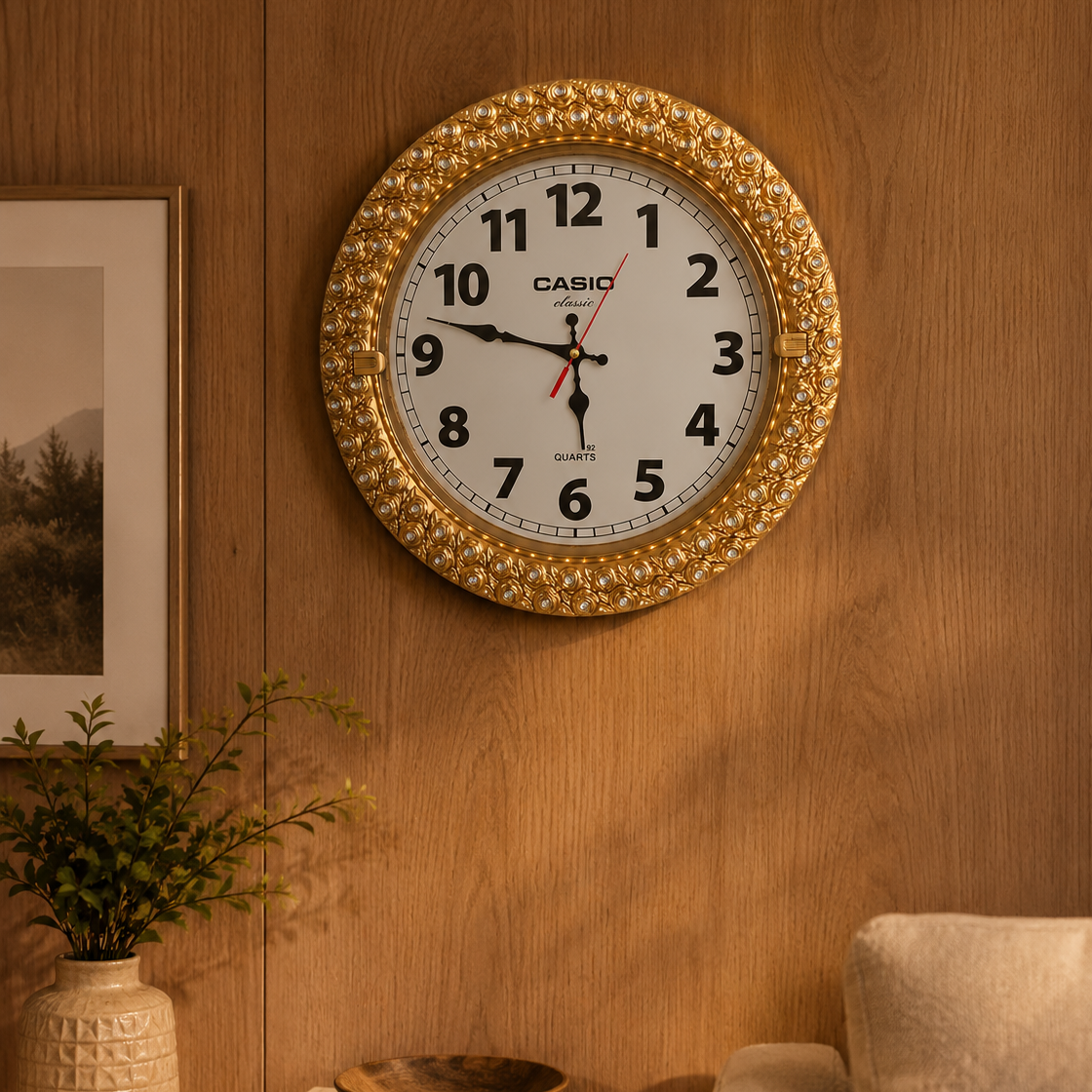 Golden Round Shape Wall Clock (Brand : CASIO)