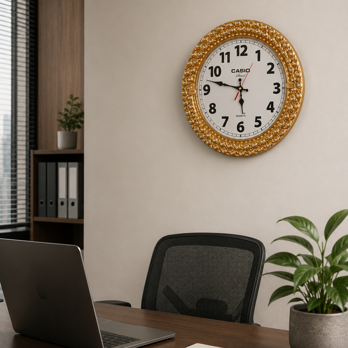 Golden Round Shape Wall Clock (Brand : CASIO)