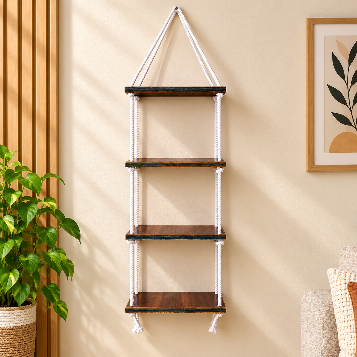 4-Tier Brown Wooden Floating Wall Hanging with White Rope (without décor items)