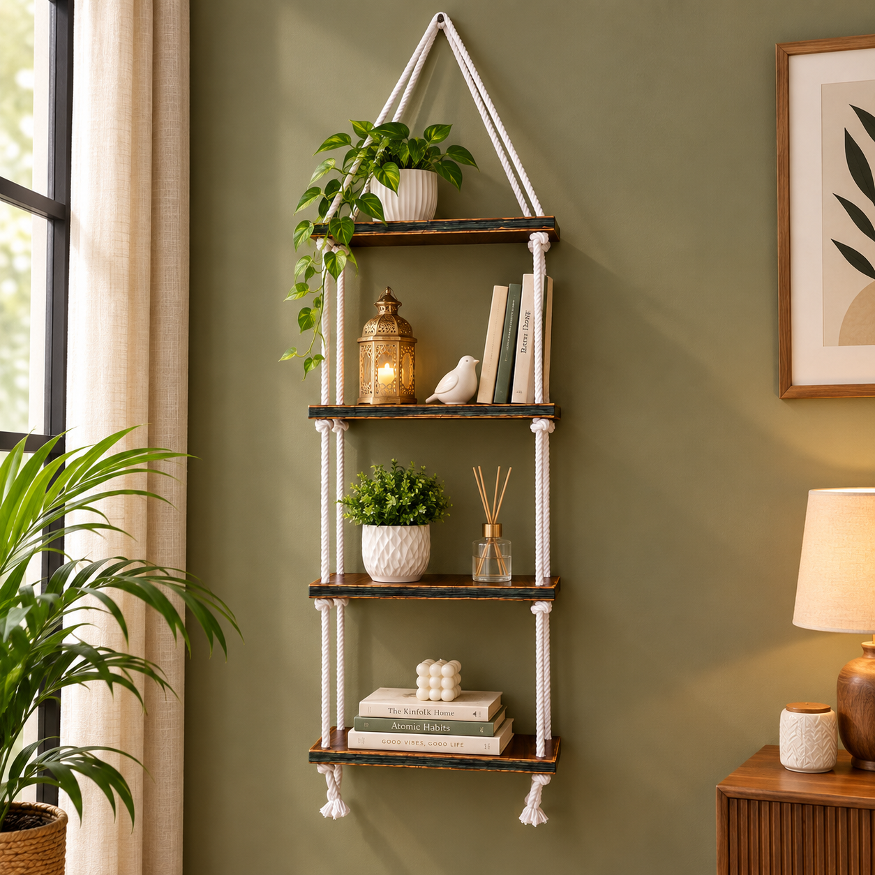 4-Tier Brown Wooden Floating Wall Hanging with White Rope (without décor items)