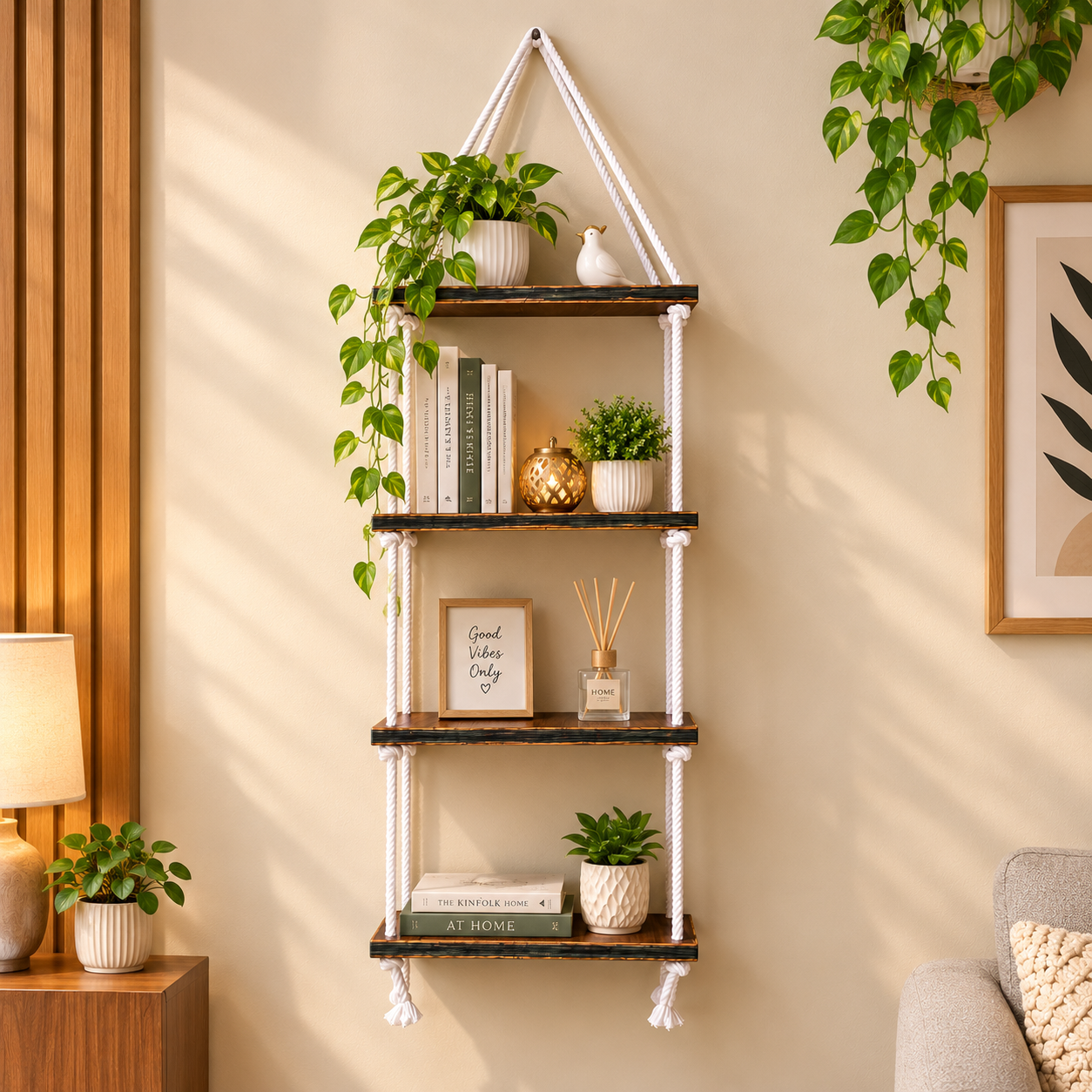 4-Tier Brown Wooden Floating Wall Hanging with White Rope (without décor items)