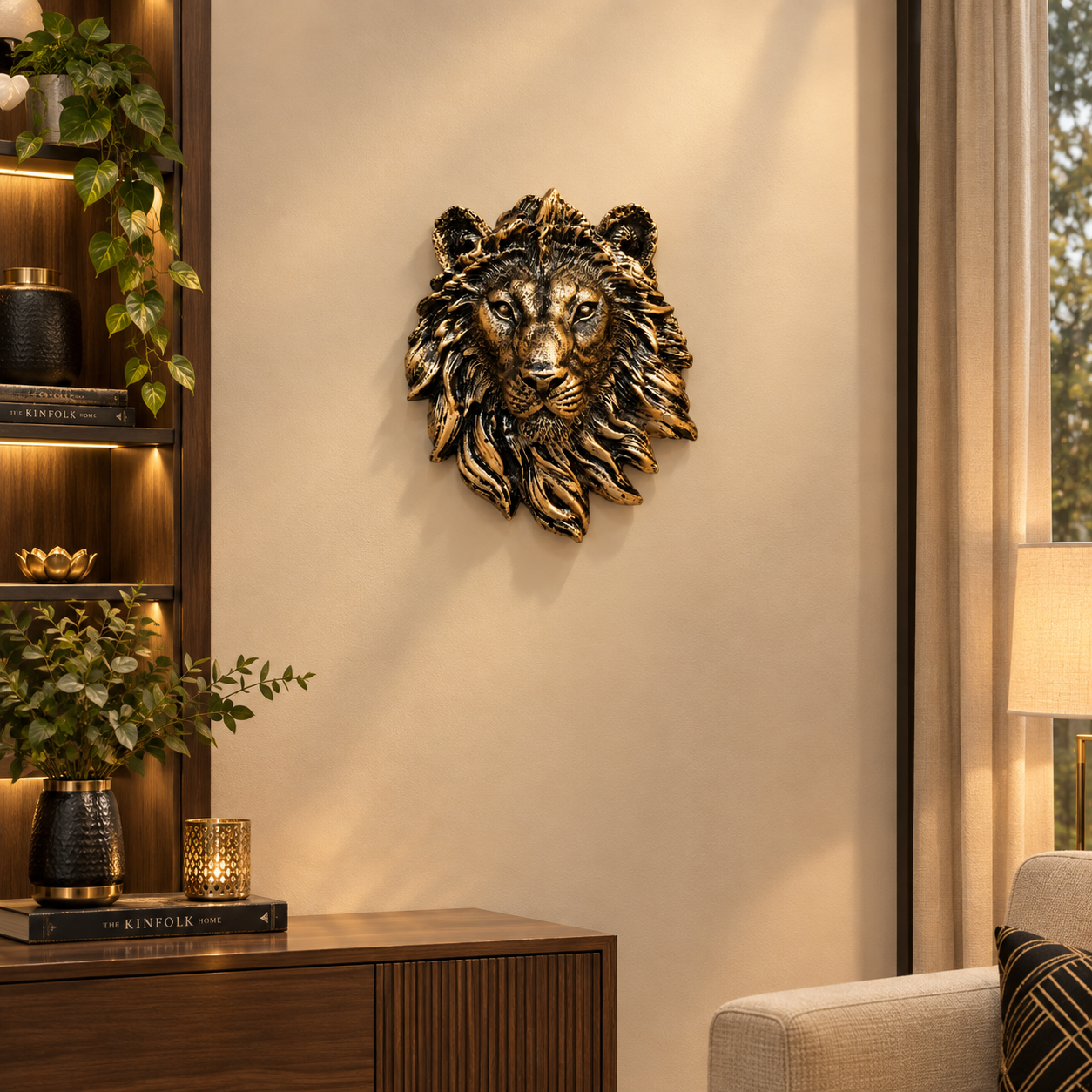 Antique Golden-Black Resin Statue of Lion’s Face