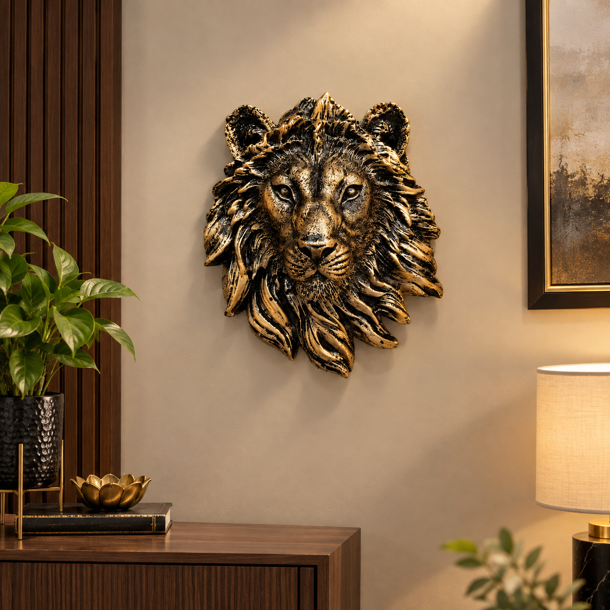 Antique Golden-Black Resin Statue of Lion’s Face