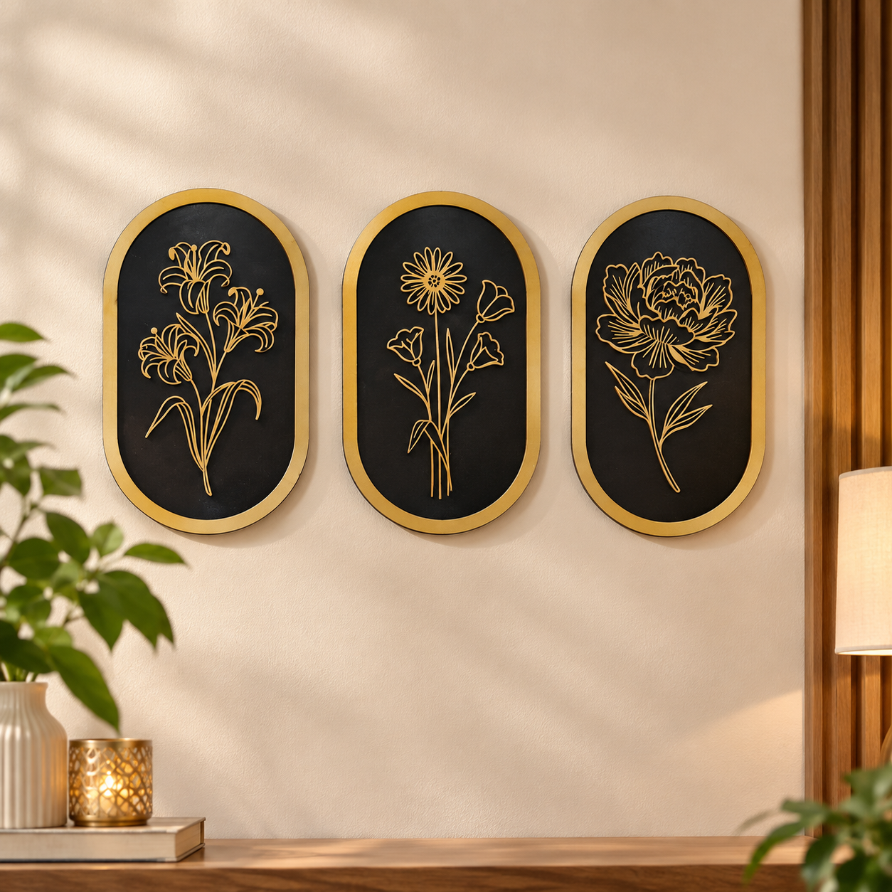 Set of 3 Oval Shaped Wooden Decorative Floral Wall Hanging