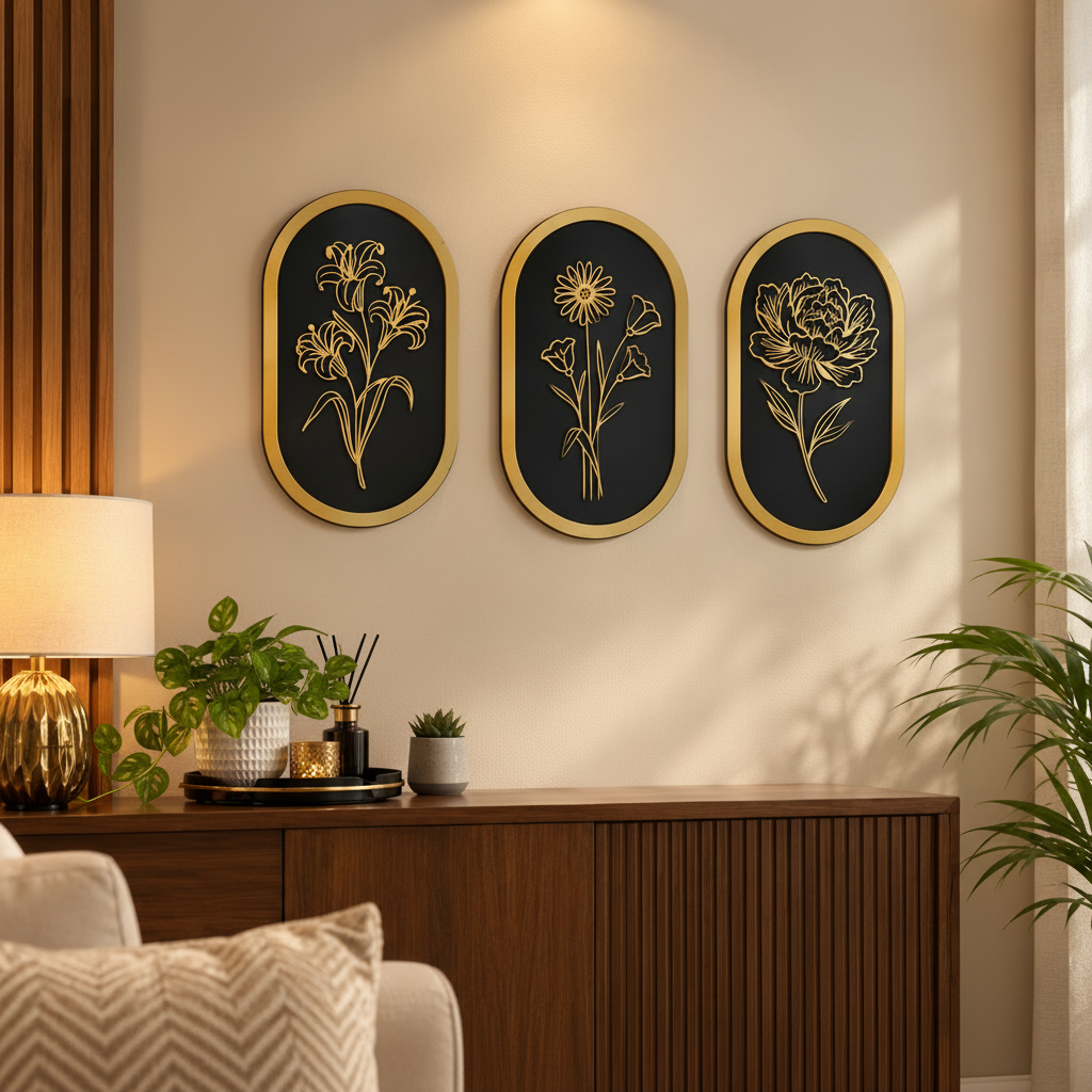 Set of 3 Oval Shaped Wooden Decorative Floral Wall Hanging