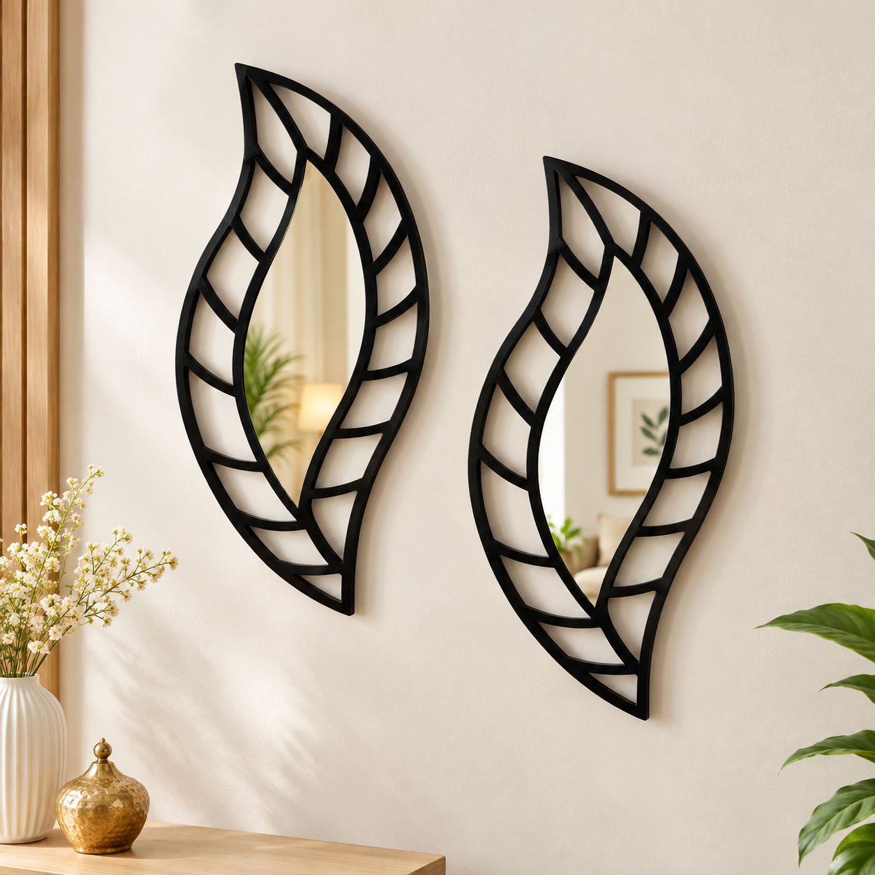 2-Pcs Set of Black Wooden Leaf-Shaped Wall Sticking Mirrors