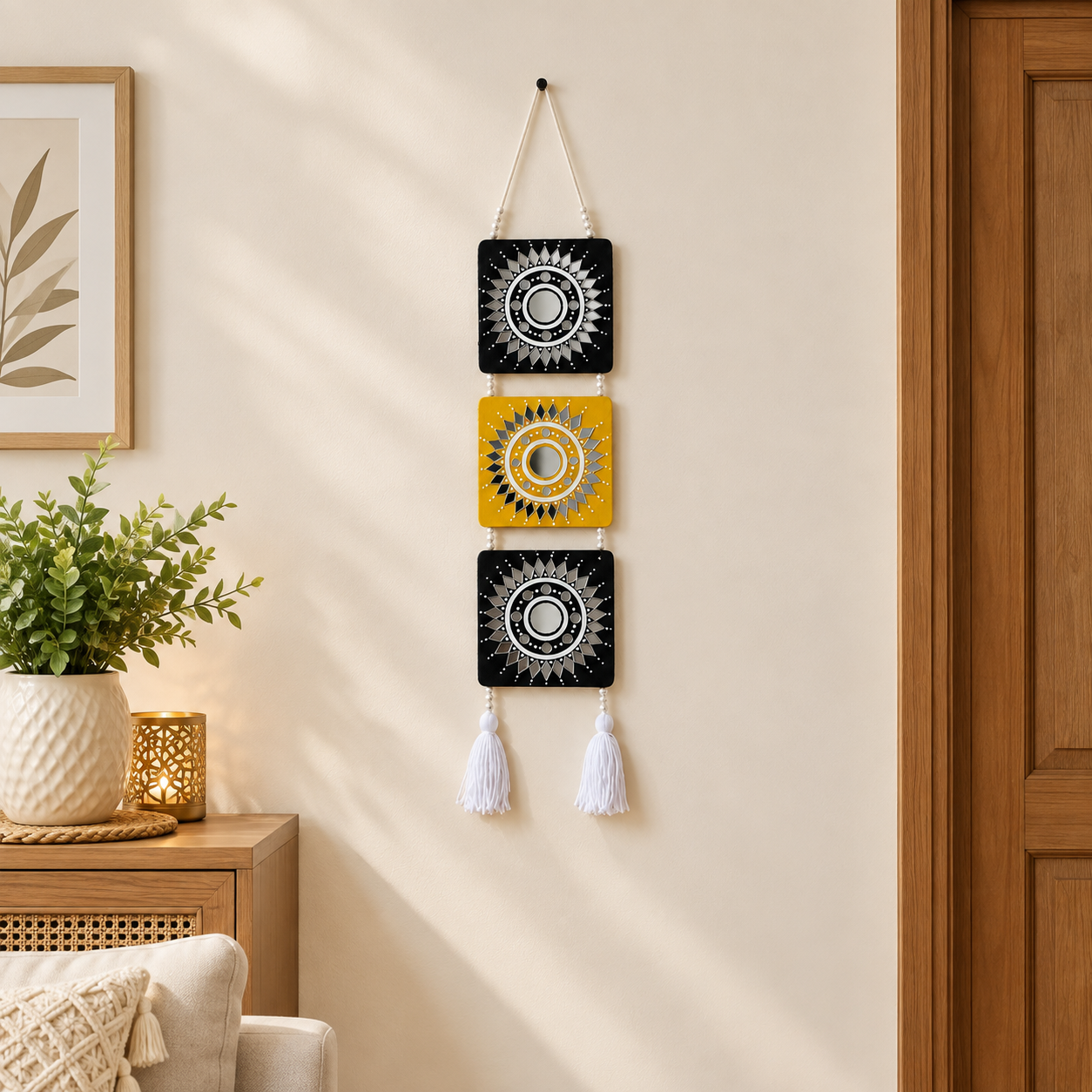 Handmade 3-Tier wooden wall hanging embellished with mirrors