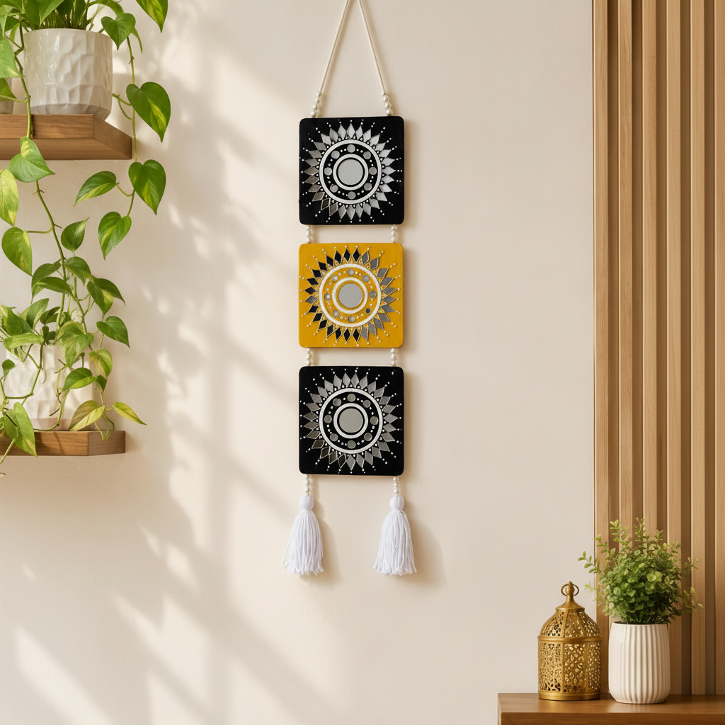 Handmade 3-Tier wooden wall hanging embellished with mirrors