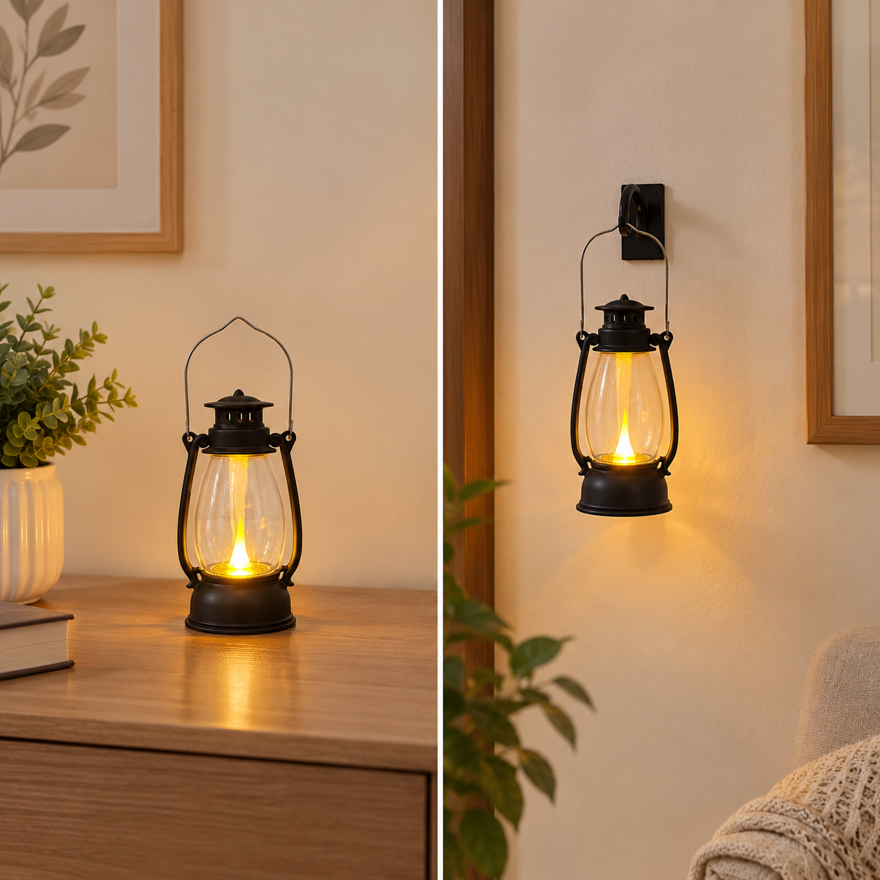 Black Plastic Mini Lantern with LED Light for Table Decor