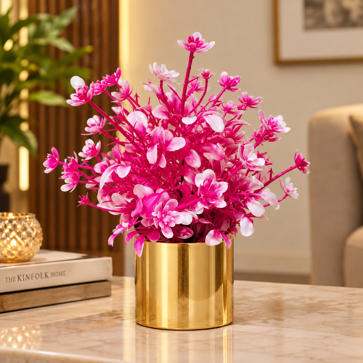 Golden Metallic Pot with artificial Pink Plant