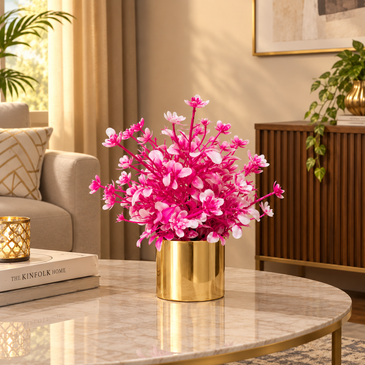 Golden Metallic Pot with artificial Pink Plant