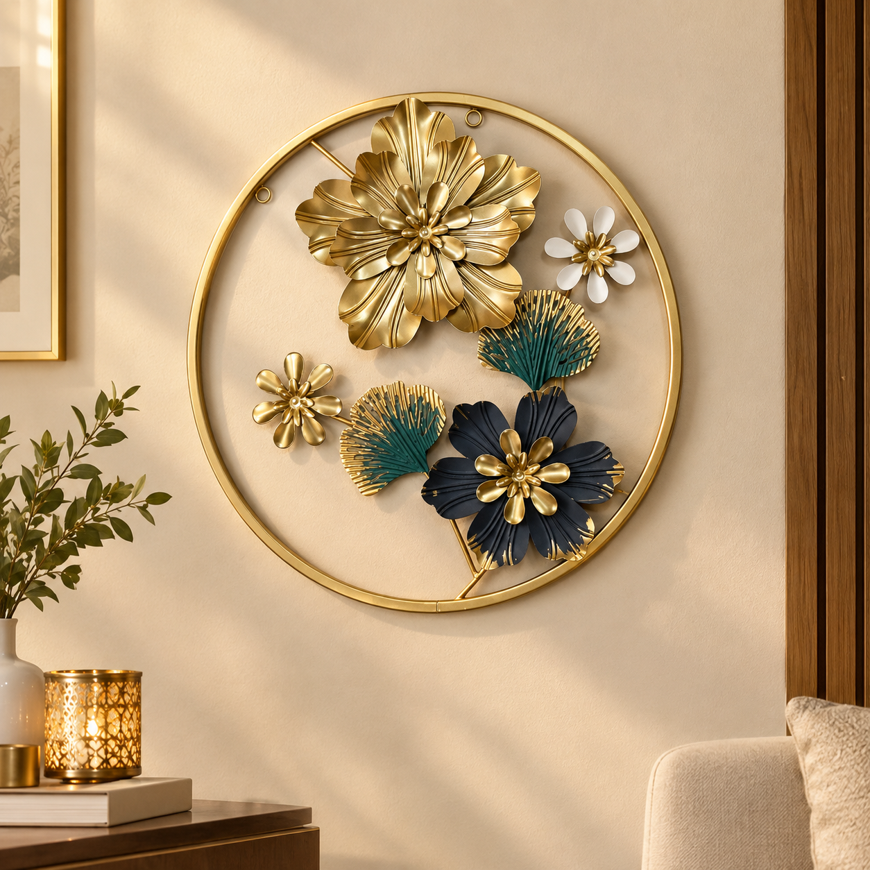 Golden Metallic Round 3d Flowers Wall Décor