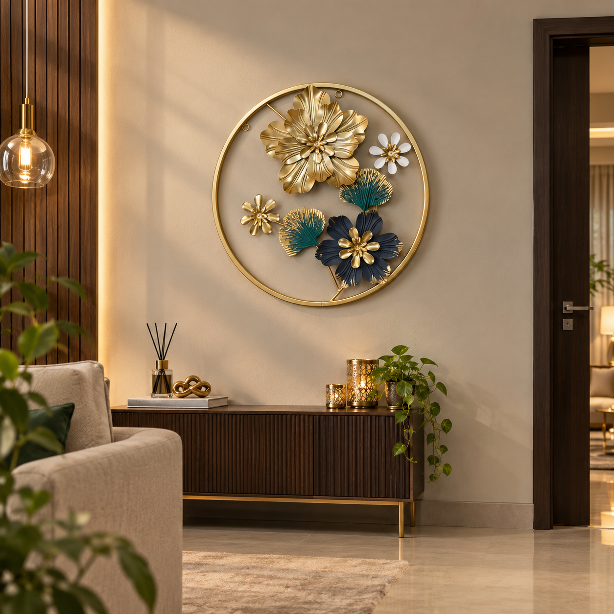 Golden Metallic Round 3d Flowers Wall Décor
